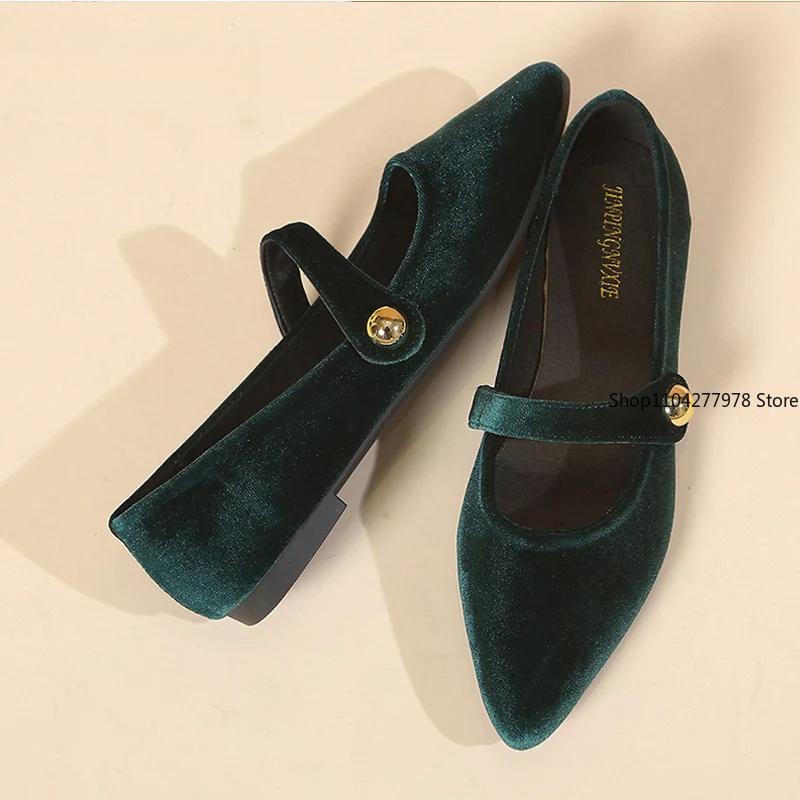 Fashion Elegant Velvet Ballet Flats Woman Luxury Velour Mary Jane Shoes Ladies Pointed Toe Buckle Strap Loafers In Purple Green