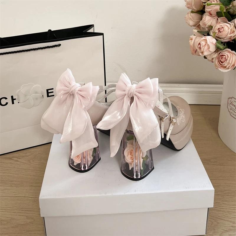 2025 Summer Mary Janes Women's High Heels Fashion Buckle Strap Party Pumps Women Bow Tie Shallow Chunky Heel Platform Shoes