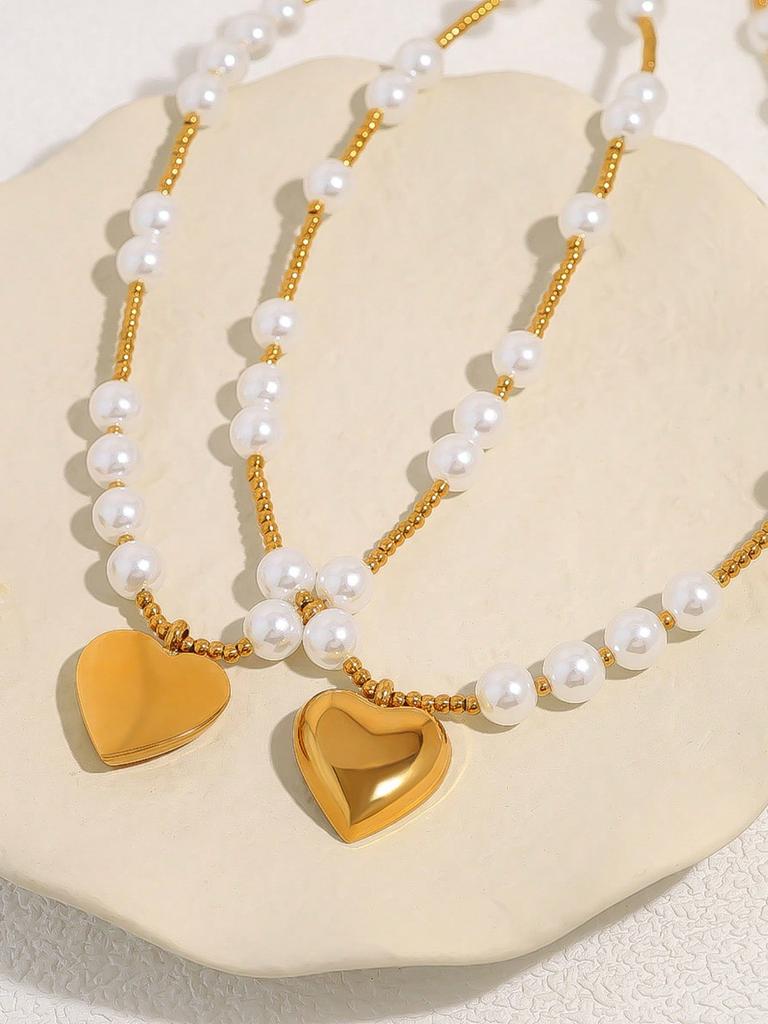 1 Pc Handmade Beaded Faux Zircon Necklace, Fashionable Titanium Gold-Plated Heart Pendant Clavicle Chain Necklace For Women