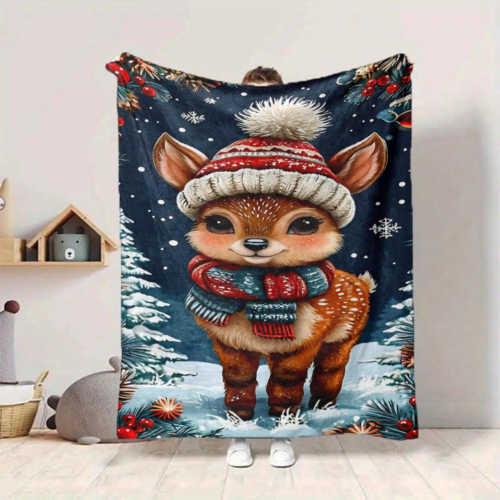 1pc Winter Christmas Deer Blanket, Lightweight Flannel Throw Blanket for Sofa, Bed, Travel, Camping, Living Room, Office, Couch012