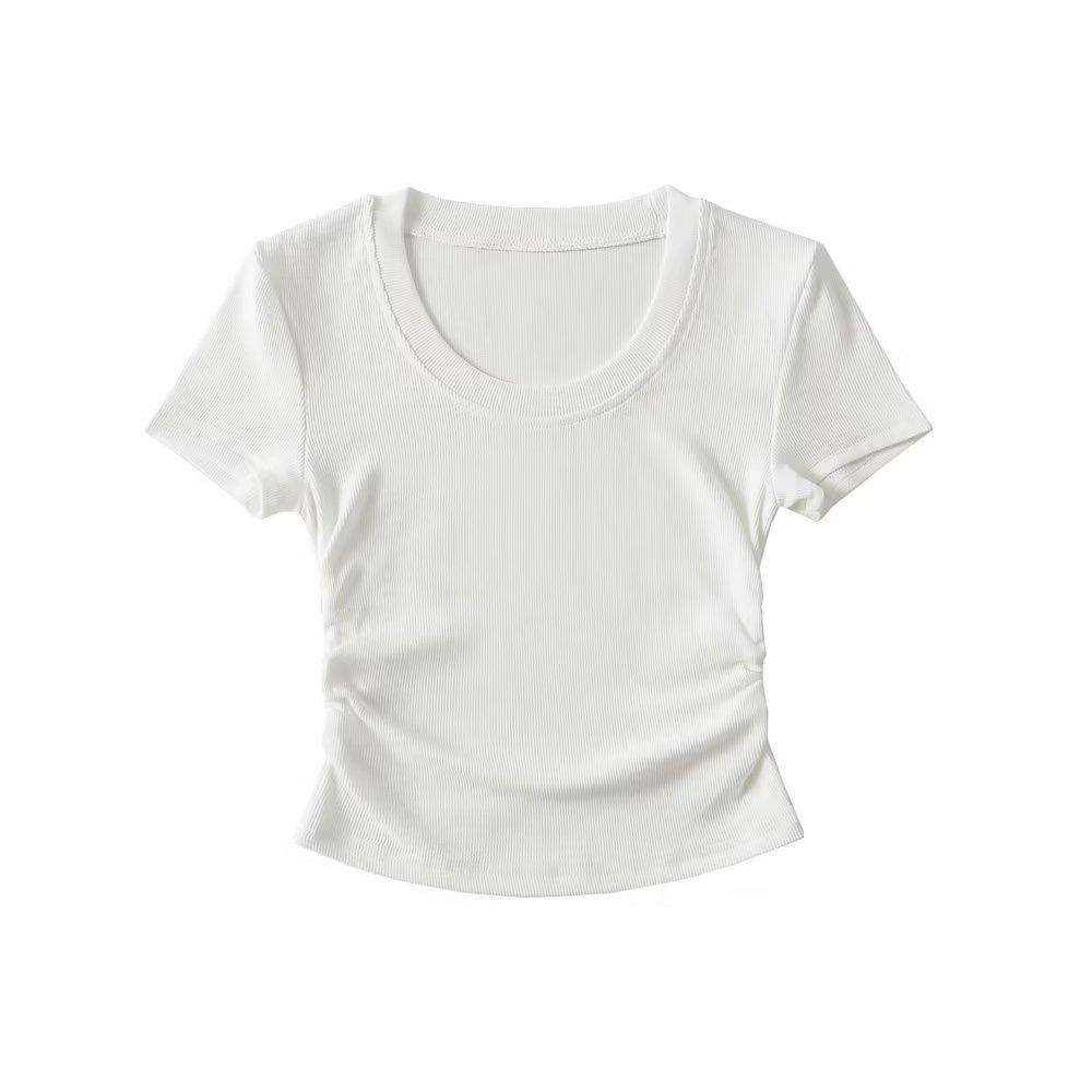 Trendy Women's Round Neck Short Sleeve Side Ruched Bodycon Crop Top