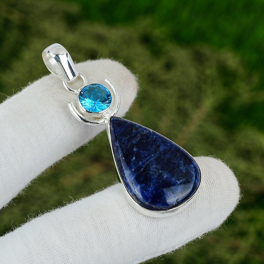 Sterling Silver Pear Natural Sodalite Swiss Blue Topaz Handmade Pendant Jewelry