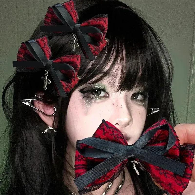 1/2pcs Dark Sweet Cool Lace Cross Bow Hair Clips for Women Fashionable and Personalized Gothic Lolita Hair Accessories