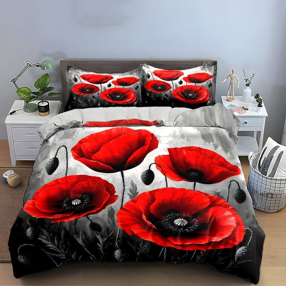 "Red Poppy Trio Wall Decor" kid's and adults' bedroom decor, Exquisite three-piece bedding set gift