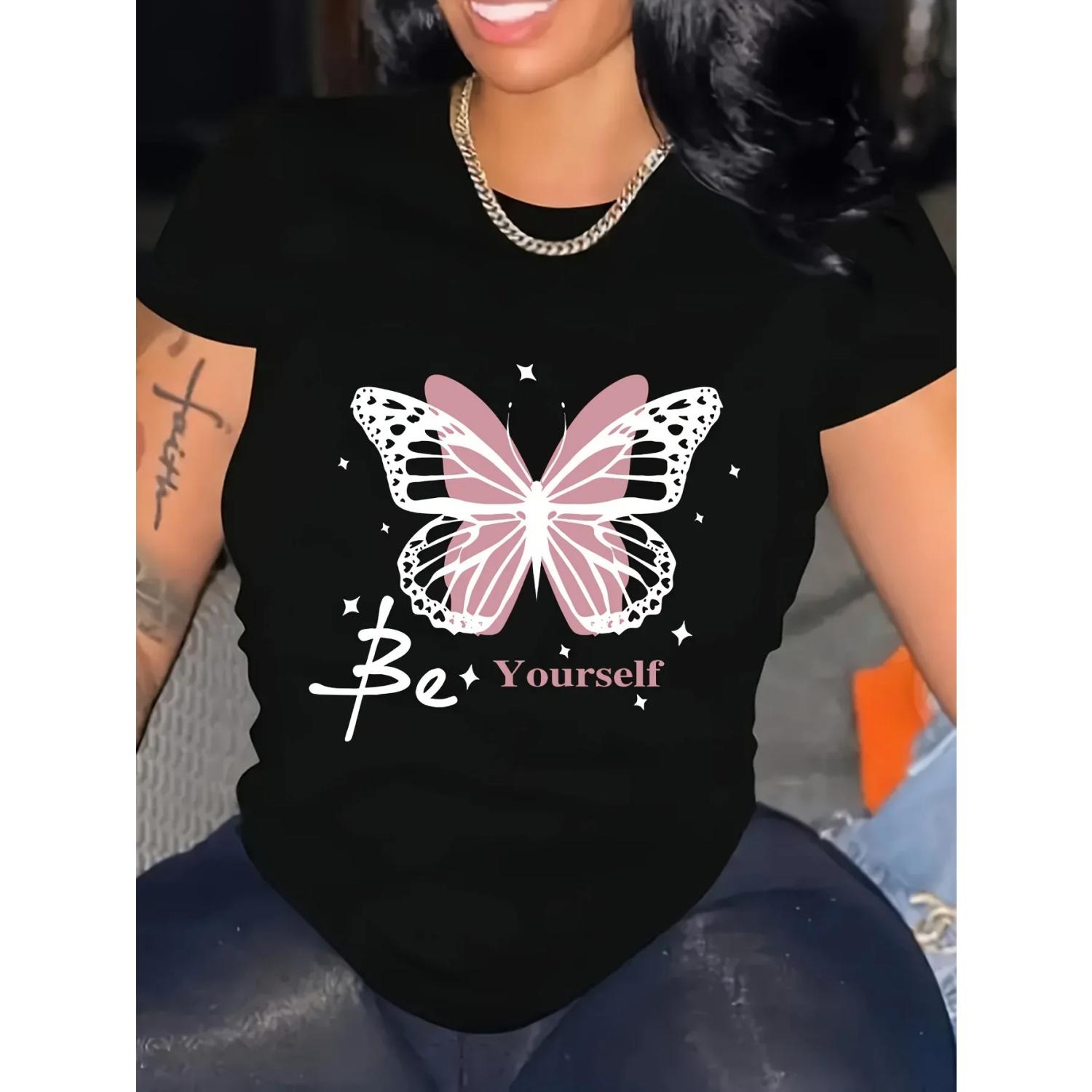 

Butterfly Graphic Letter Print Women s Crew Neck Short Sleeve T-Shirt Casual Style Summer and Spring Top Women Clothing S чёрный