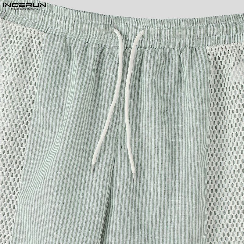 INCERUN Men Drawstring Elastic Waist Striped Hollow Beach Sports Shorts Pants
