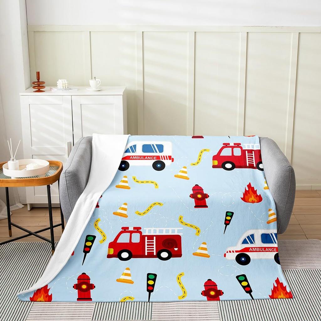 Cartoon Fire Engine Printed Blanket for Sofa Bed Travel Camping Living Room Office Conditioning Blanket for All Seasons Gifts