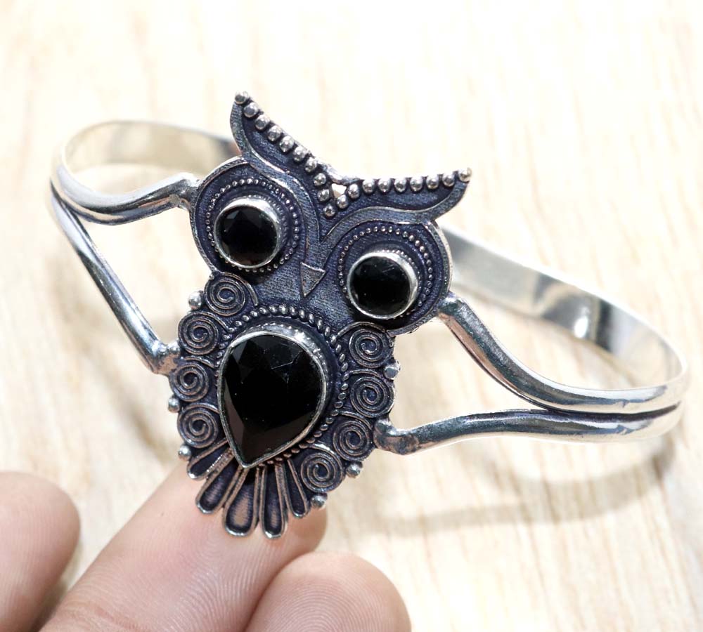 Owl Black Onyx 925 Silver Plated Bangle 7" Statement Jewelry Most Beautiful p5c69