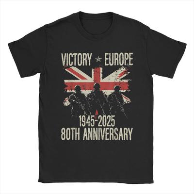 Jour de la Victoire 2025 80e Anniversaire Seconde Guerre Mondiale Union Jack T-shirts Homme Drapeau UK Vintage Manches Courtes Col Rond Coton Hauts Cadeau