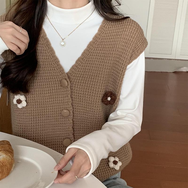 3D výšivka květinový vzor Jednořadá pletená tílko bez rukávů kroucená vesta