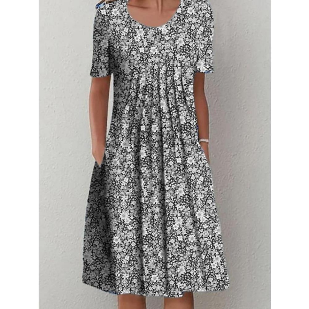 QICED 30 Farben Plissiertes Midi-Kleid Kurzarm Rundhalsausschnitt Weiter Saum Mittlere Wadenlänge Damen Floral A-Linie Partykleid Freizeitkleidung