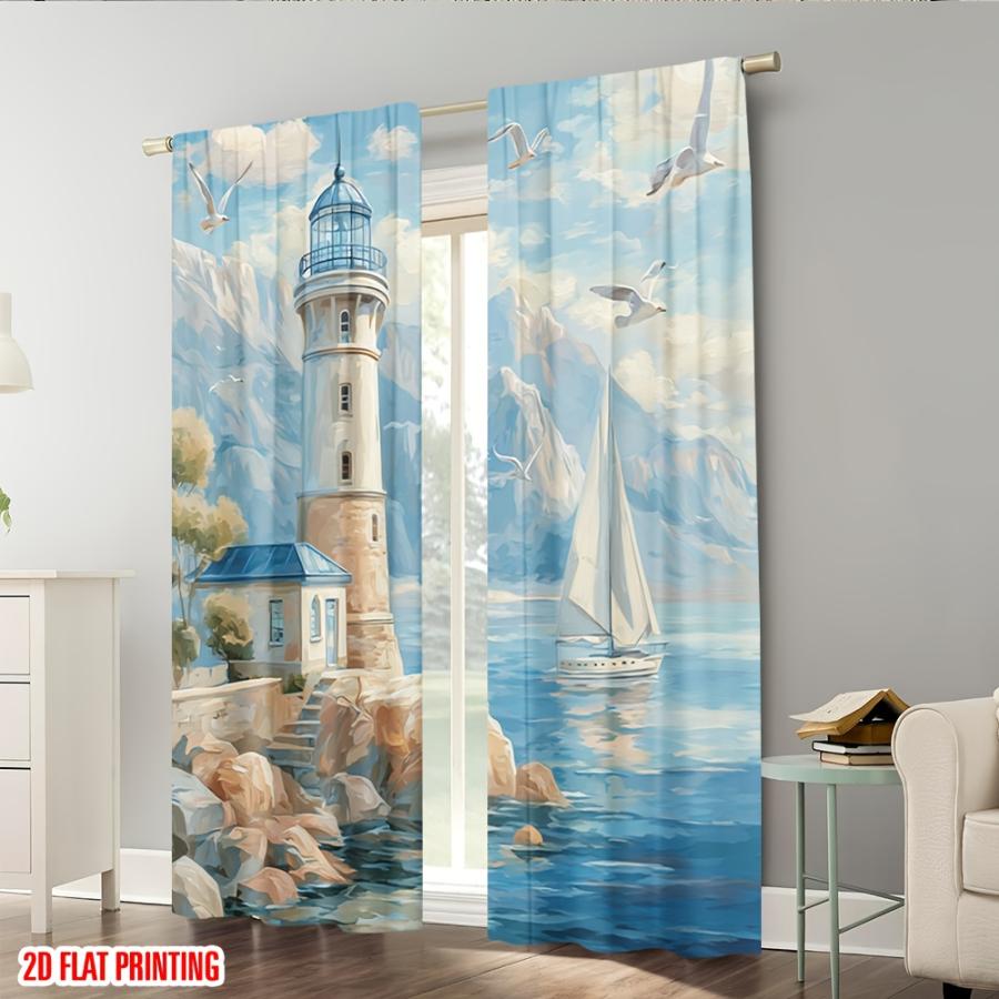 2PCS Digital Printed Curtains, Island Lighthouse Ocean Coastal Seaside, Modern Home Decor Style for Living Room Bedroom Decor