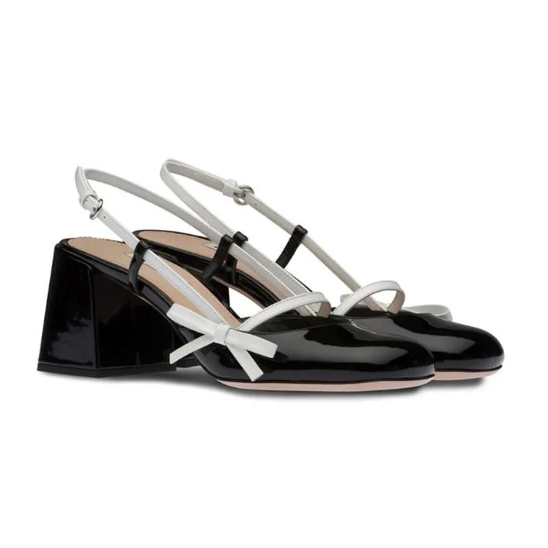 Womens Mary Jane Shoes Black Patent Leather Female Sandals Back Straps with  Bowknot