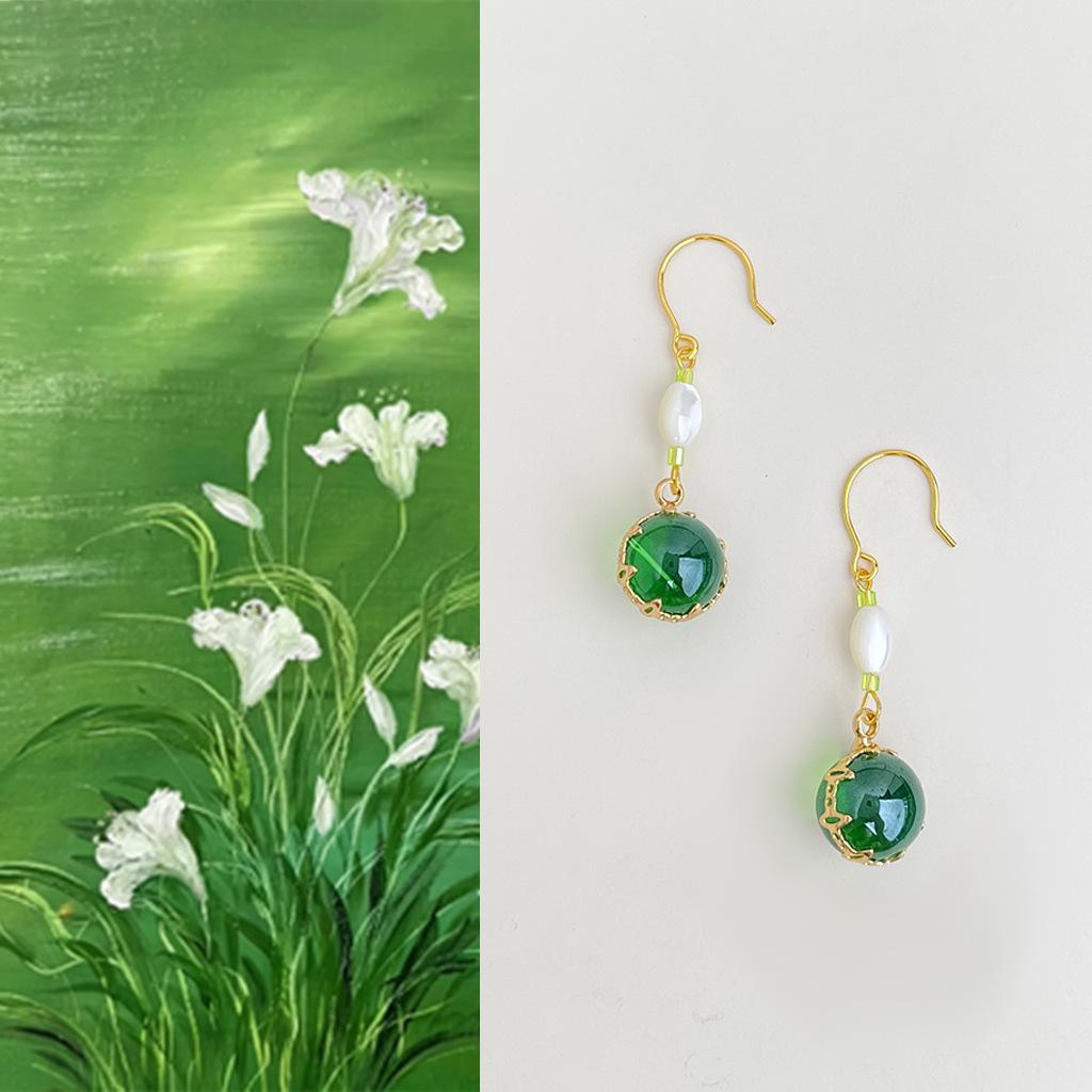 National Style Handmade Mother-of-Pearl Glass Water Drop Earrings - Forest-Inspired Sweet Temperament for Women