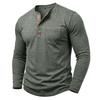 Autumn Winter Mens Henley Long Sleeve T-Shirt Contrast Collar Placket 3 Buttons Chest Pocket Soft Casual Daily Tops