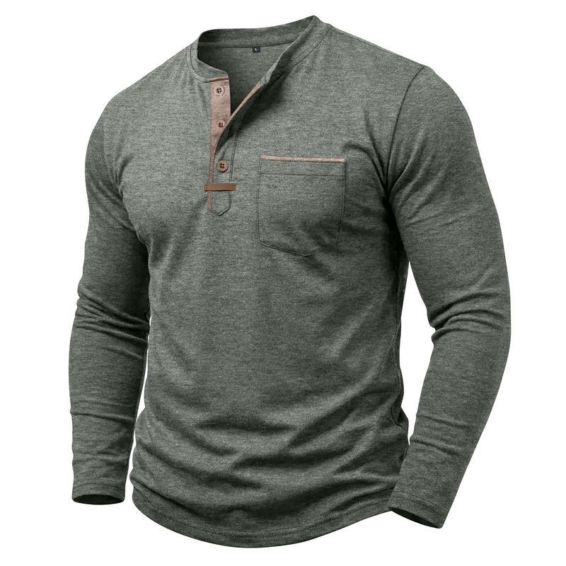 Autumn Winter Mens Henley Long Sleeve T-Shirt Contrast Collar Placket 3 Buttons Chest Pocket Soft Casual Daily Tops