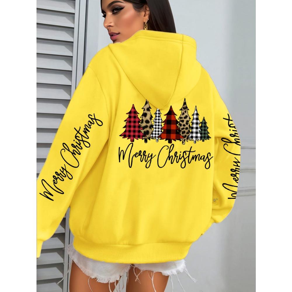 Merry Christmas Leopard Plaid Trees Prints Women Hoodies Loose Hoody All-Match Pocket Pullovers Autumn Hip Hop Streetwear