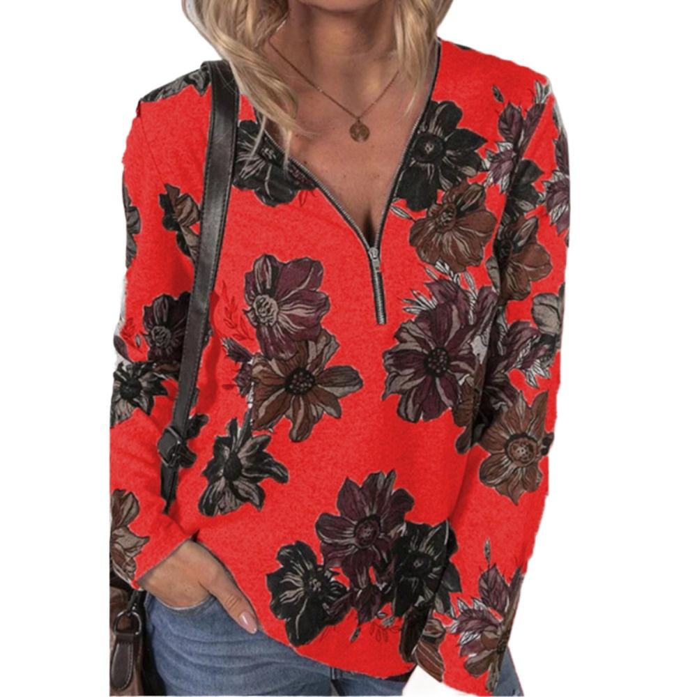 HNXC Women's Fashion Casual Autumn Winter Floral Print Long Sleeve Zip Collar Blouses & Shirts