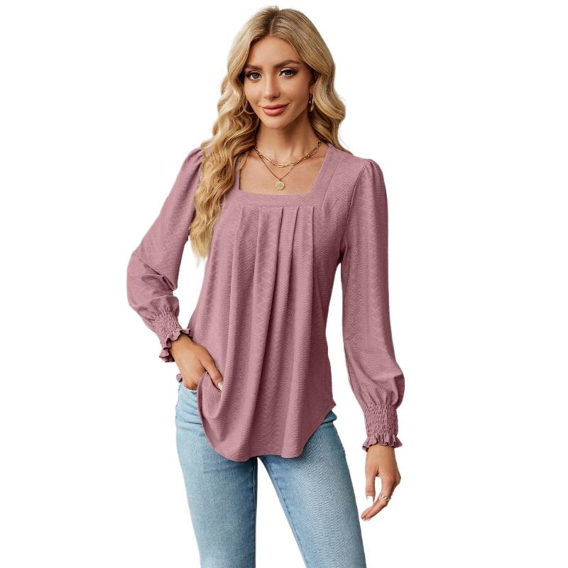 Solid Color Jacquard Pleated Square Neck Long Sleeve Tailcoat Solid Color T-shirt for Women