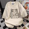 Cotton Niche Design Cat Print Summer Short-sleeved T-shirt Women's Loose Round Neck Trendy Couple American Top