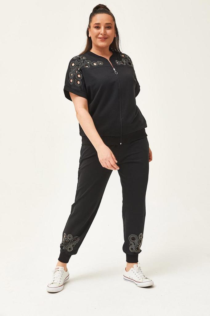 Women's Fashion Big Size Tracksuit Set Large Size Transparent Cut Stone Printed Summer Short Sleeve Green Tracksuit Set