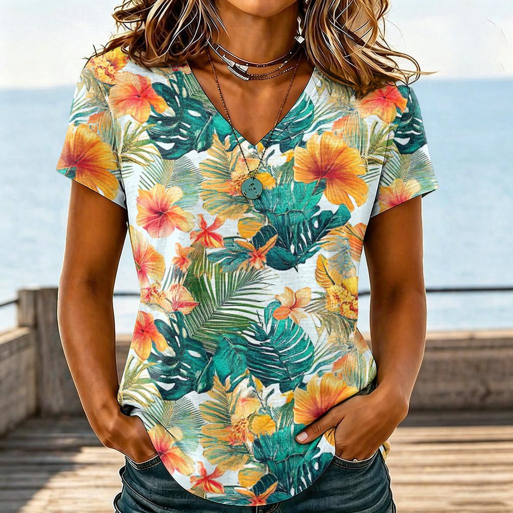 Women's Casual V Neck Short Sleeve Hawaiian Print Top T Shirt Lightweight Summer Blouse Relaxed Fit Soft Fabric