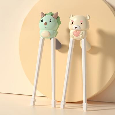 2 Pairs Cute Animal Training Chopsticks for Beginners Durable PP Plastic, Green Dinosaur Beige Bear Design, Ergonomic Grip
