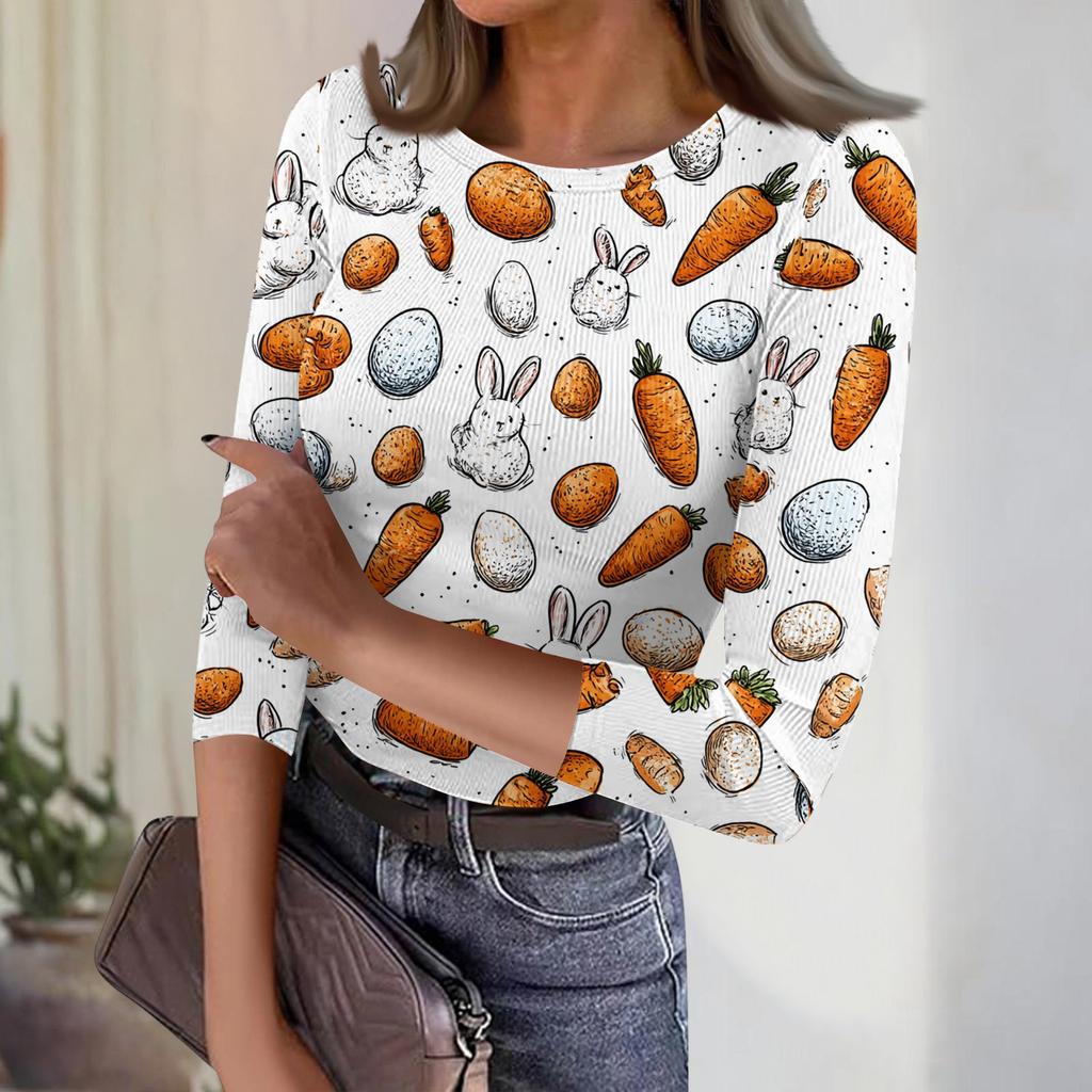 Women's Casual Fashion Round Neck Easter Print Three-Quarter Sleeve Ribbed Top