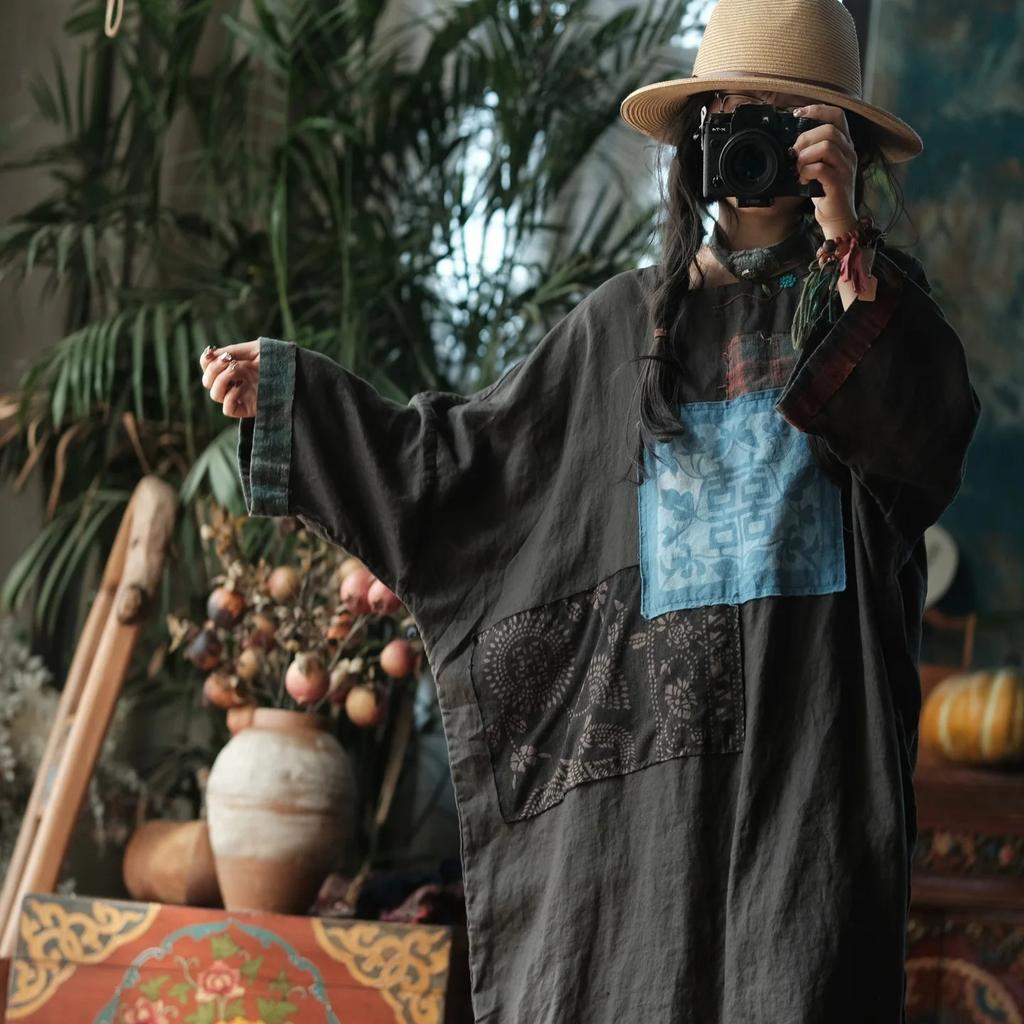 Johnature Women Vintage Dresses Spring Chinese Style O-Neck Long Sleeve Patchwork Color High Quality Loose Dress