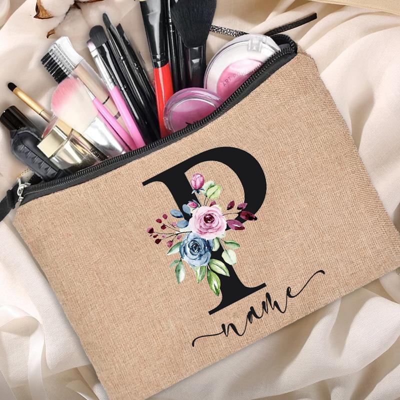 Linen Makeup Bag Customized Personalized Name Cosmetic Bag Bridesmaid Clutch Outdoor Travel Beauty  Bachelor Party Lipstick Bag