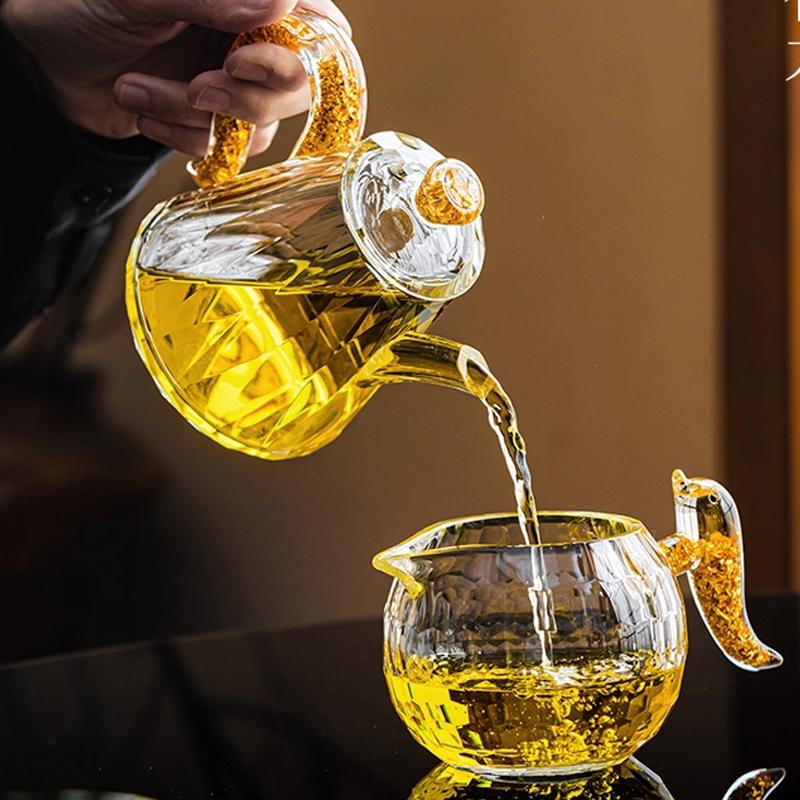 Crystal Glass Teapot Household High-grade Gold Foil Transparent Teapot Office Kung Fu Tea Set Living Room Table Decoration