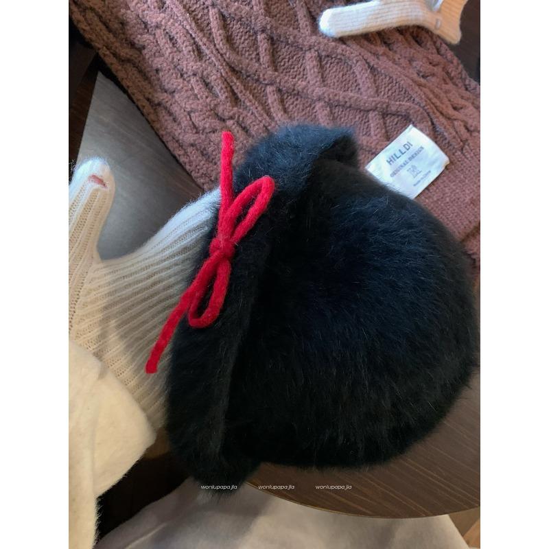 

Bow Rabbit Fur Hat for Women Black Small Fragrant Style Top Hat Plush Fisherman Hat Curled Edge Basin Hat One Size