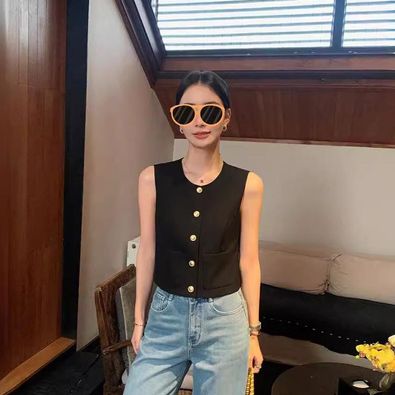 Dames fransk rund hals enkeltspent dobbel lomme ermeløs avslappet strikket vest