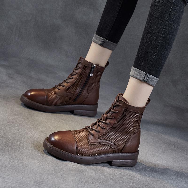 Spring 2025 new breathable mesh shoes first layer cowhide short boots British retro women's boots summer fashion sandals