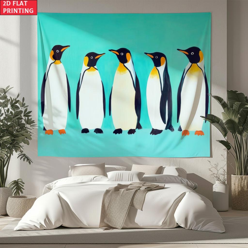 Vibrant Turquoise Penguin Tapestry Colorful King Penguin Wall Hanging Cute Animal Themed Room Decor Extra Large Size