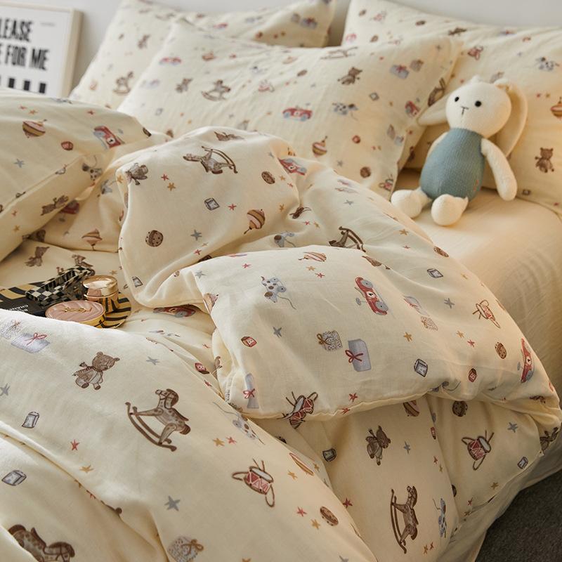 Ensemble de quatre pièces en pur coton à double fil de qualité maternelle et infantile de catégorie A, ensemble de quatre pièces en coton de style crème, drap de lit et housse de couette