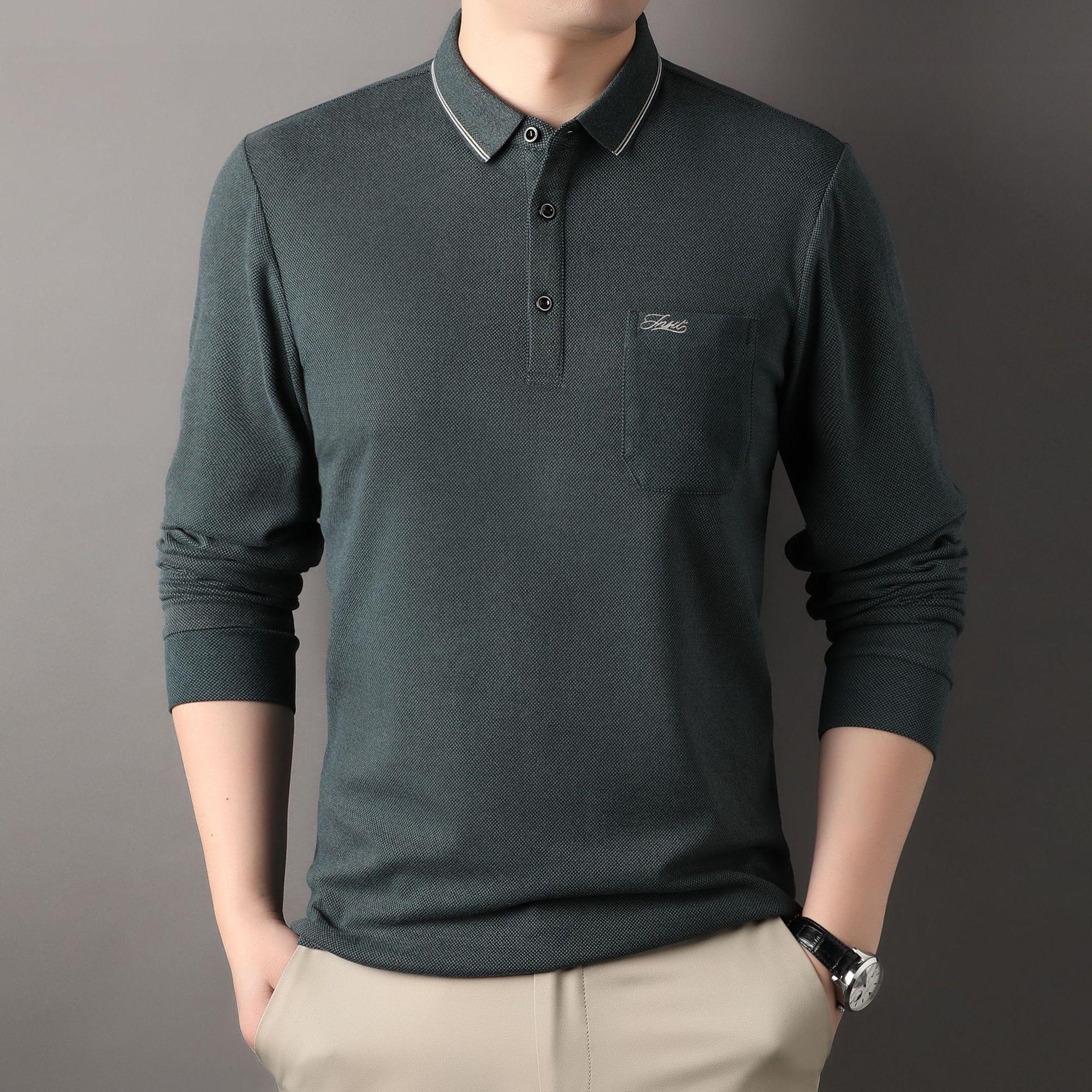 

Футболка с длинным рукавом Осень Новая Футболка с лацканами и карманом Корейский стиль Повседневная Микроэластичная Мужская Однотонная Футболка-поло XXXXL