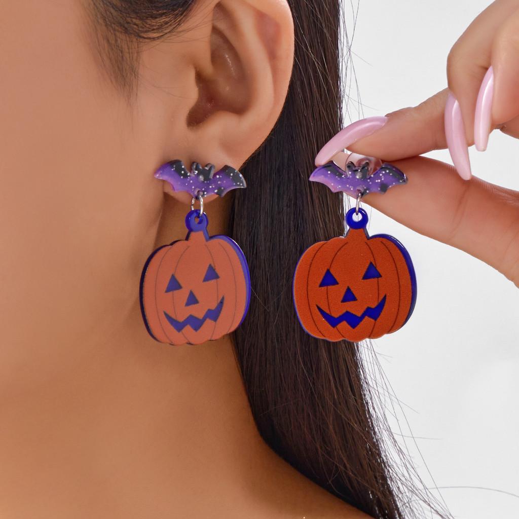 

Halloween Bat Pumpkin Ghost Acrylic Earrings With Asymmetrical Animal Design For Festive Wear Style 4