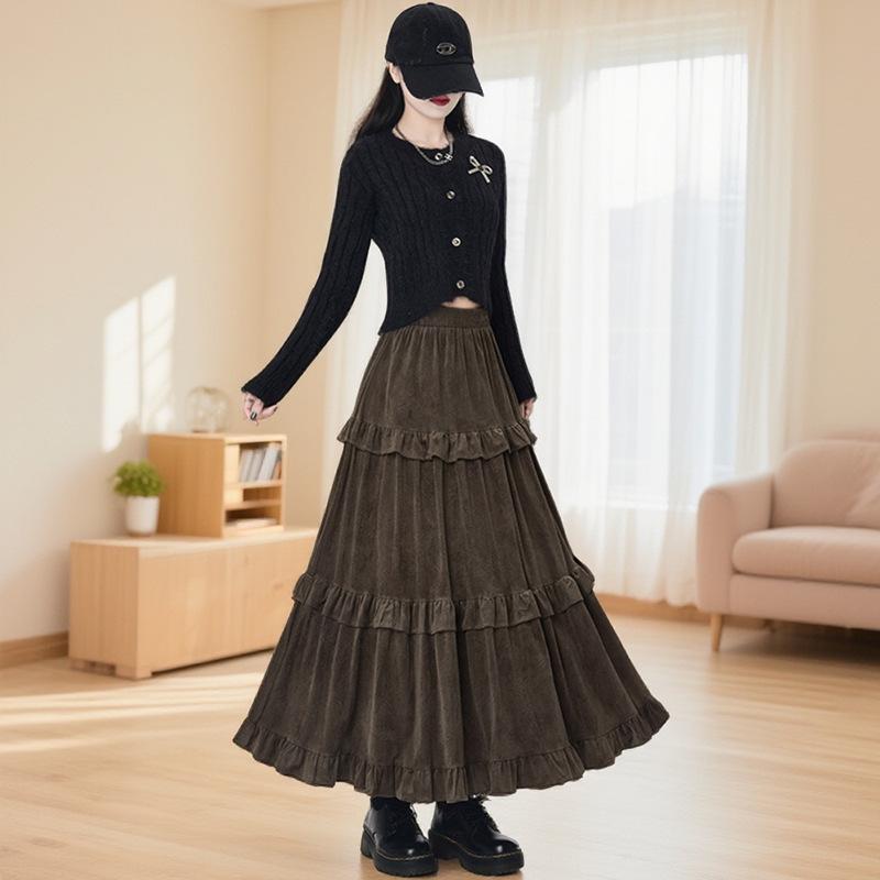 Women's 2026 A-Line Layered Velvet Umbrella Skirt with Elastic Waist - Mid-Length, In Stock