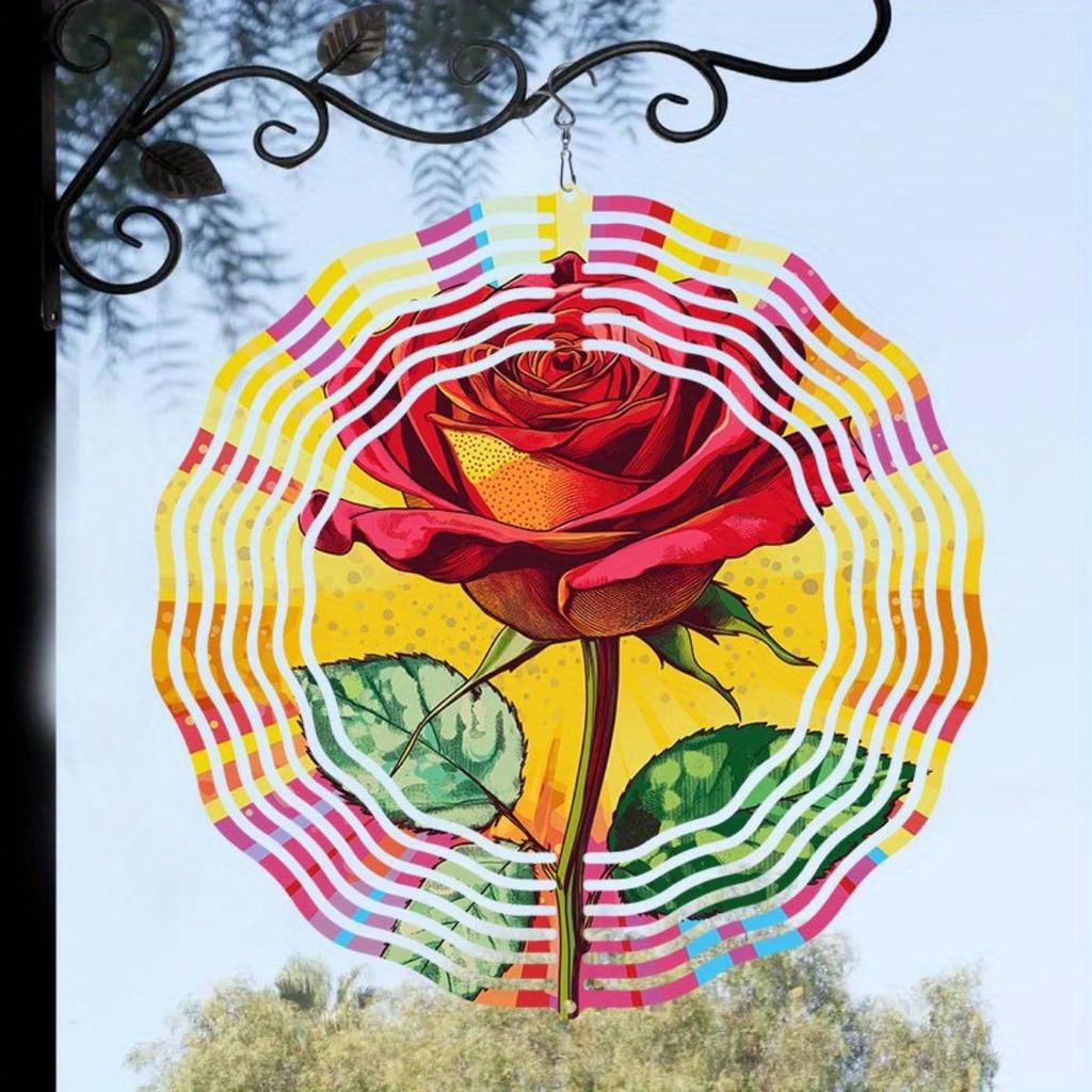 1pc Modern Art Red Rose Pattern Decorative Spiral Hanging Garden Wind Chime, Power Art Craft Windmill, Bi-Directional Rotatable | Outdoor