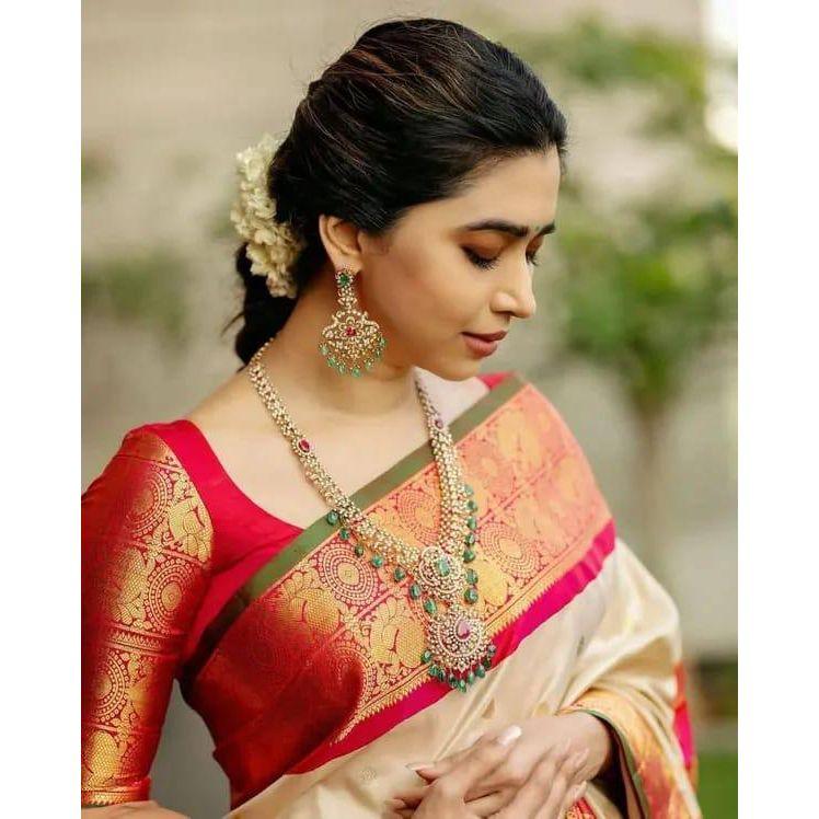 Nuovo Lancio - Morbido Saree di Seta Litchi con Ricco Pallù e Lavoro Jacquard su Tutta la Superficie