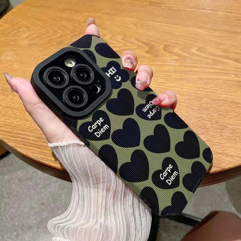 Custodia Color Verde Carina alla Moda con Disegni Cuore d'Amore per iPhone XR XS X 7 8 Plus 11 12 13 14 15 Pro Max Mini SE Copertura Semplice in Silicone