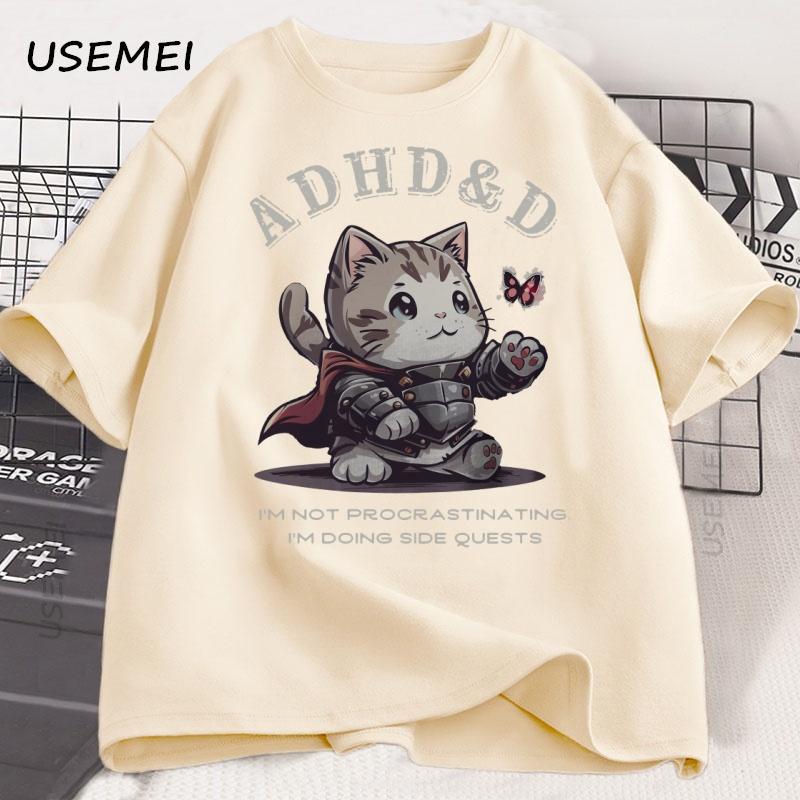 ADHD&D I'm Not Procrastinating Cat T-shirt Funny Graphic Printed Tshirts Cotton Short Sleeve Summer Loose Tees Oversized Tops