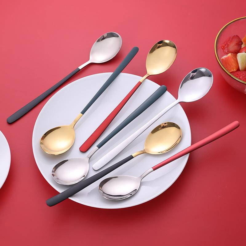 Korean Style Stainless Steel Long Handle Spoon – for Soup, Coffee, Dessert, Ice Cream, Gift Tableware