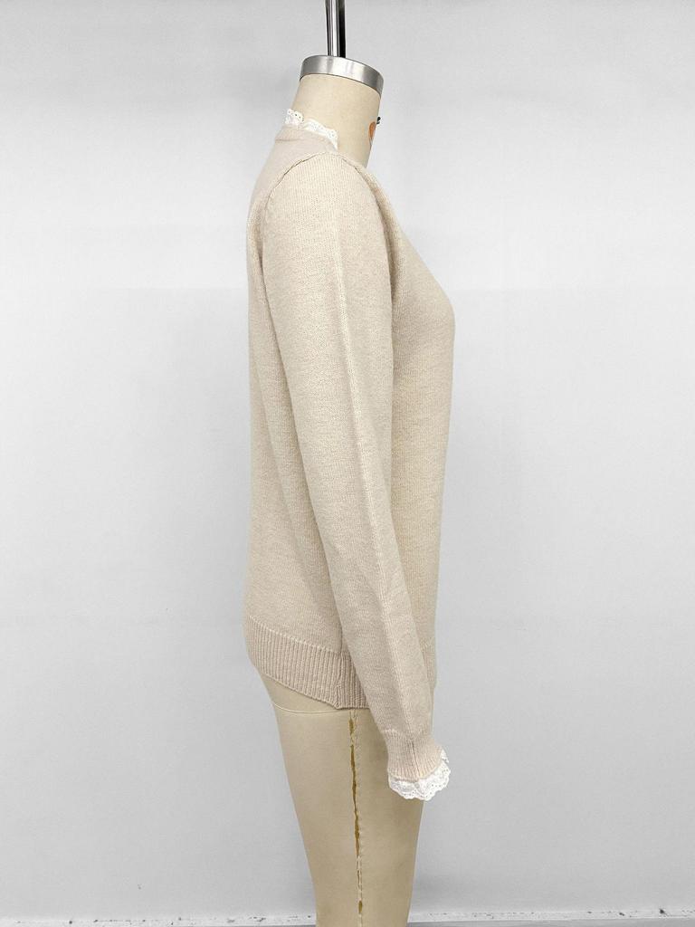 2026 Autumn/Winter European & American Girly Style Lace Patchwork Round Neck Apricot Sweater