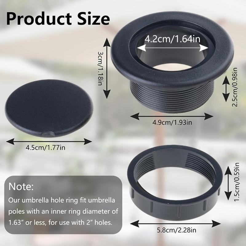 Umbrella Hole Insert Set for Patio Tables, Threaded 2 Inch Table Opening Cover with 1.63 Inch Umbrella Shaft Clearance and ABS Cap