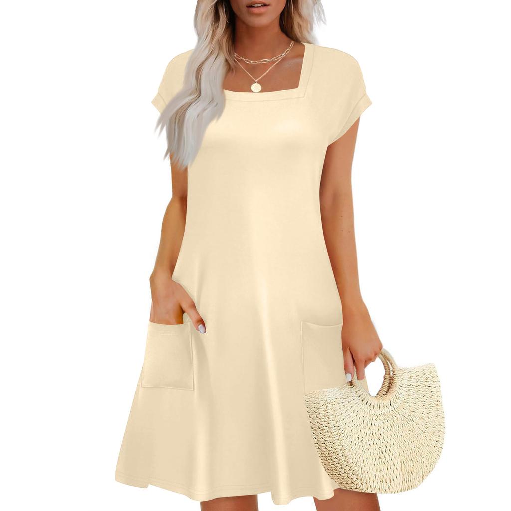 Summer Dresses for Women Loose Square Neck Cap Sleeve Casual Beach Vacation Tshirt Dress Sundresses with Pockets