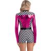 Damen Kontrast Racer Jumpsuit Langarm Bodysuit Boyshorts Schachbrettmuster Fahrer Jumpsuit Halloween Party Kostüm
