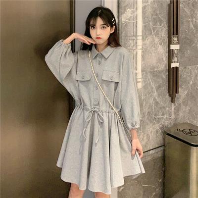 Spring  Women's POLO Collar Long Sleeve Dress Korean Version Drawstring Waist-Fitted Slimming Petite A- Line Skirt