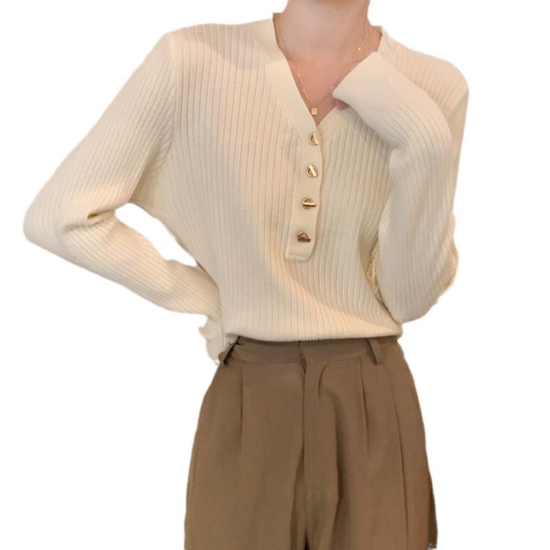 V-neck Bottoming Shirt Women's Autumn and Winter New Simple Design Slim-fitting Long-sleeved Sweater Knitted Sweater Top